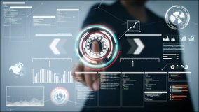 4K Business woman pointing finger on HUD And graph bar pi for Cyber futuristic concept technology element on the dark background - Powered by Shutterstock - Get 15% off with code: PIKWIZARD15