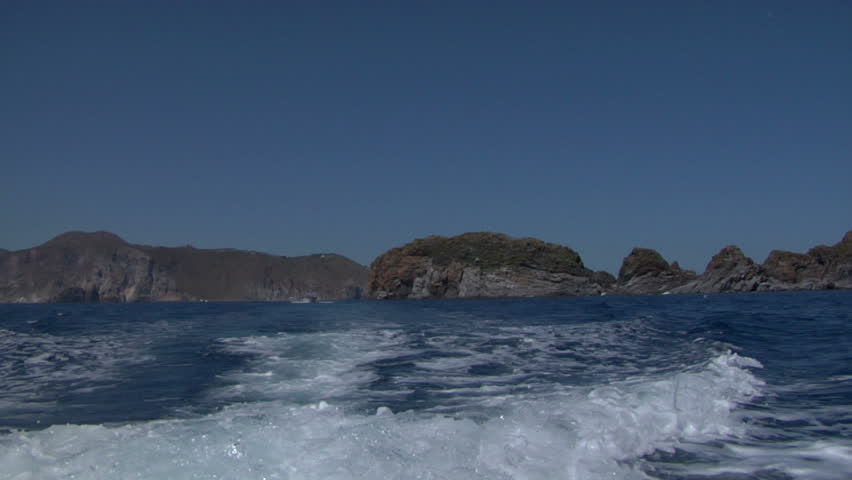 Boat wake on mediterranean sea, eolian island, Italy