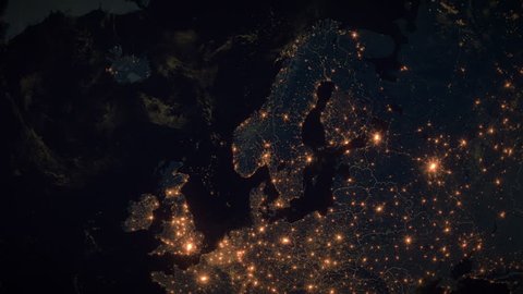 Zoom to Scandinavia. The Night View of City Lights. World Zoom Into Scandinavia - Planet Earth. Political Borders of Scandinavian Countries: Denmark, Norway, Sweden. Super Detailed Earth Space View.