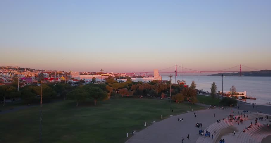 Magical aerial Belem tower sunset view from above in Lisbon, Portugal