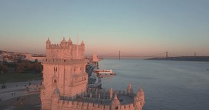 Magical aerial Belem tower sunset view from above in Lisbon, Portugal