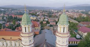 Aerial View of Holy Cross Greek Catholic Cathedral in Uzhhorod, Transcarpathia, Ukraine. 4k