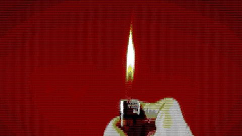 Operating a cigarette lighter. Colorful close-up shot on red background. ASCII art vintage PC terminal animation fx, from the time when computers didn't have pixel graphics.