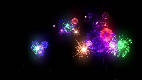 Multi colored fireworks as holidays background for New Year, Christmas or other celebration. Firecrackers show are isolated on black for compositing. 3d animation pyrotechnic light show.20