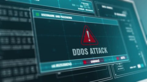 Computer Screen Entering Login And Password With Showing ddos attack Alert System Security Warning .
