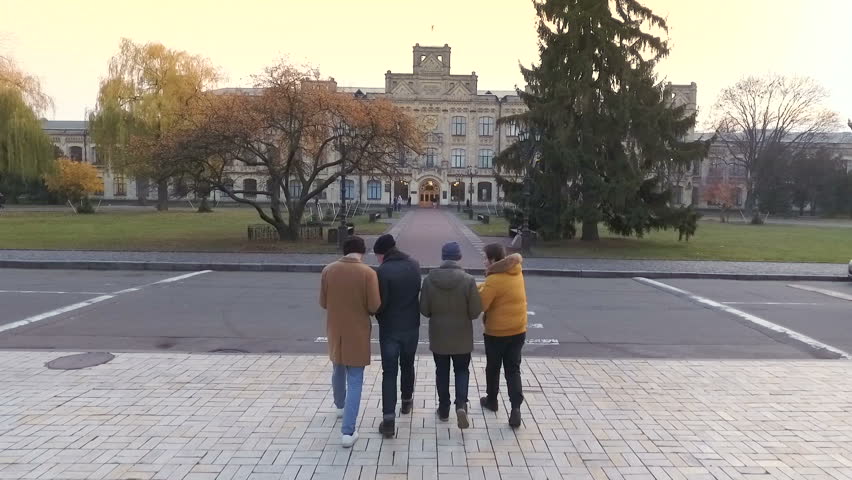 Four students goes to university, aerial view