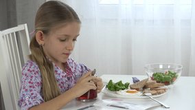 Child Reading Book in Kitchen, Girl Face Drinking Tea, Kid Eating Breakfast 4K