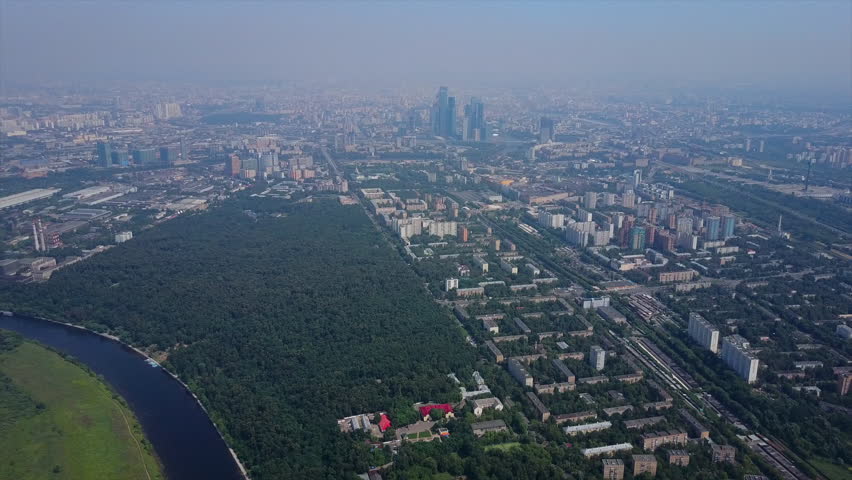 summer day moscow cityscape forest park aerial panorama 4k russia