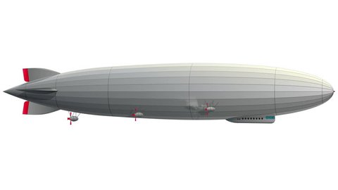 Legendary huge zeppelin airship filled with hydrogen. Flying balloon animation. Big dirigible, spinning propellers, rudder. 