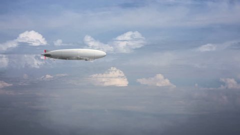 Legendary huge zeppelin airship on sky with clouds. Flying balloon animation. Big dirigible, spinning propellers and rudder. 