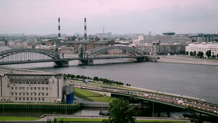 Panoramic view of the Bolsheokhtinsky bridge across the Neva river in St. Petersburg. Historical bridge of Emperor Peter the Great. Tourist city in Russia. 