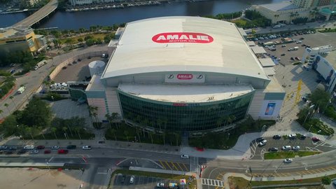 TAMPA, FL, USA - NOVEMBER 11, 2017: Aerial drone video of Amalie Stadium Tampa reveal Downtown 4k 60p