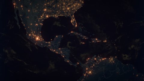 Zoom to the Middle America. The Night View of City Lights. World Zoom Into Middle America - Planet Earth. Political Borders of Middle American Countries: Mexico, Colombia, Venezuela, Cuba, Costa Rica.