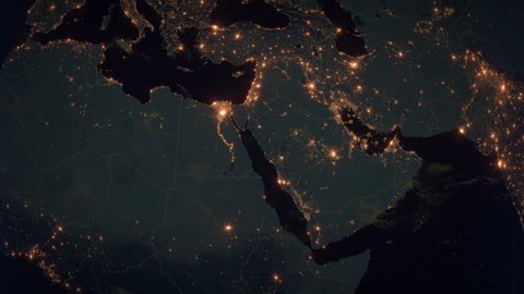 Zoom to the Near East. The Night View of City Lights. World Zoom Into Western Asia - Planet Earth. Political Borders of Near Eastern Countries: Afghanistan, Egypt, Iran, Iraq, Israel, Libya, Pakistan.