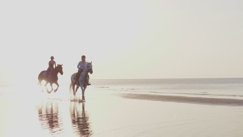 Two women riding horses on a beach Royalty-Free Stock Footage #33071269