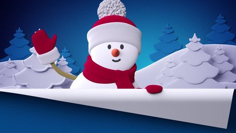 3d render, paper cartoon character, waving hand, snowman, Merry Christmas animated greeting card, winter landscape, page corner curl