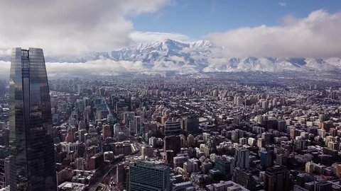 Beautiful aerial view of Santiago of Chile and Andes mountains after the historical snowfall occurred in June of 2017