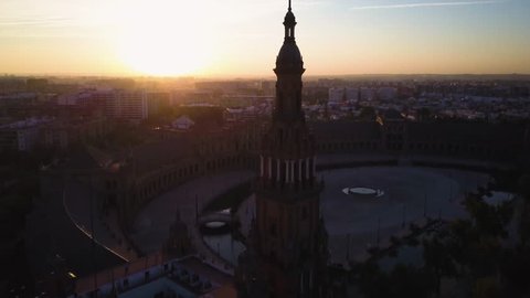 The Plaza de Espana in Seville (Sevilla) Spain at sunrise.  4k aerial drone footage.  