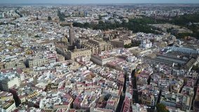 The world famous gothic Seville (Sevilla) Cathedral, Spain,  4k aerial drone footage.  