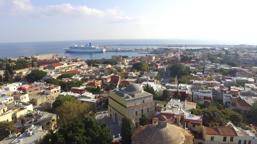 Medieval Rhodes town, Greece, from above. Small buildings, ancient turkish baths, captured from drone.