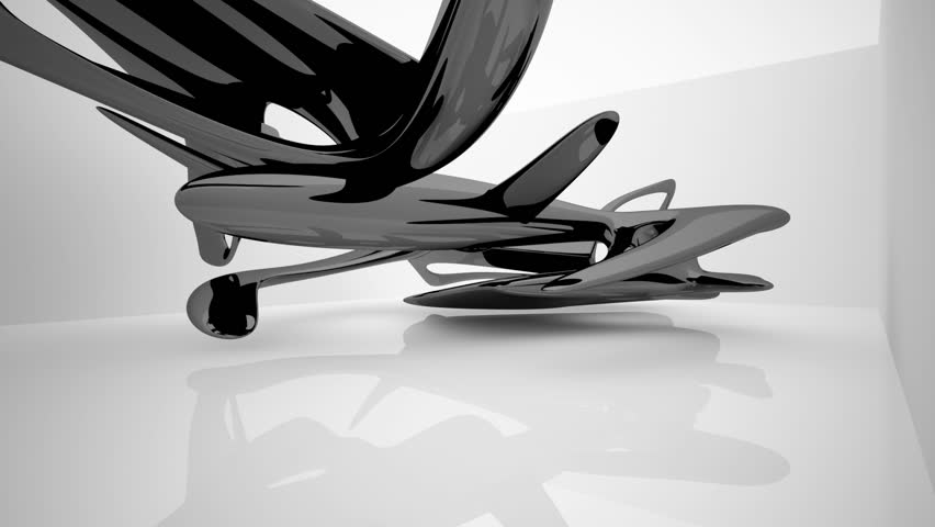 Abstract interior with glossy black sculpture. Architectural background. 3D animation and rendering.