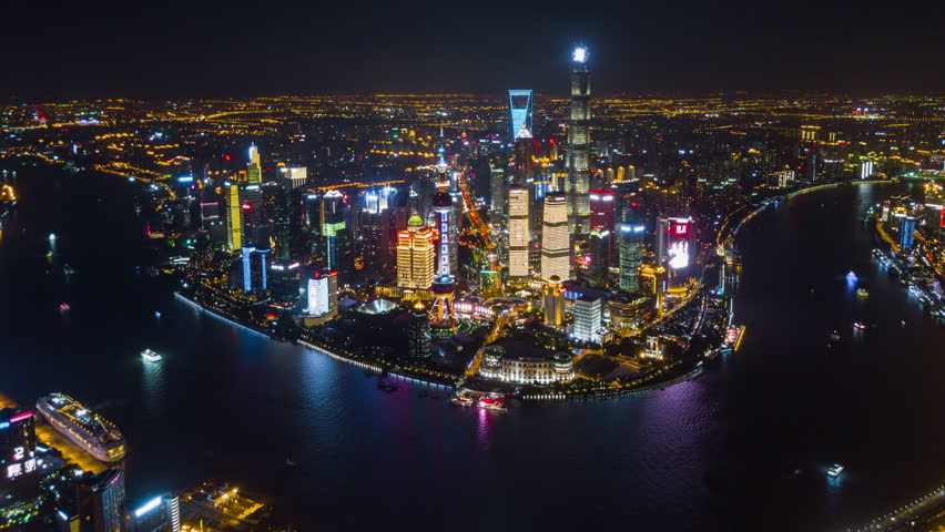 Night time downtown shanghai cityscape sunny day traffic road junction aerial view 4k china