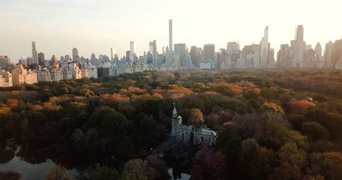 New York panorama from Central park at sunset, aerial view