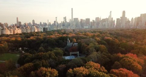 New York panorama from Central park at sunset aerial view