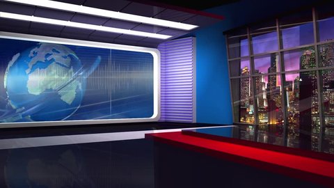 Blue colored rotating globe in background window for News best TV Program seamless loopable HD Video