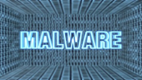 Seamless looping 3d animated futuristic motherboard with the animated word “Malware” in 4K resolution