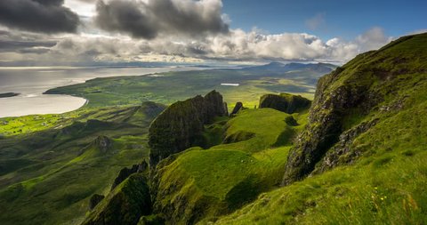 Clouds moving over The Table rock formation in Quiraing group, Trotternish, Isle of Skye, Scotland
