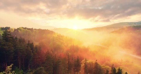 Epic Aerial Flight Over Mist Forrest Sunset Colorful Autumn Trees Golden Hour Sunset Colors Epic Glory Inspiration Hiking And Tourism Concept