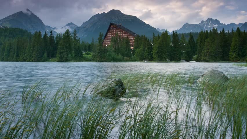 Time lapse clip. Mountain lake in National Park High Tatra. Strbske pleso,