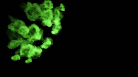 Fluorescent bright green colour swirls in water , many drops ink . This is 3d render shot in slow motion for ink backgrounds or ink effects in compositing with alpha channel, use luma matte