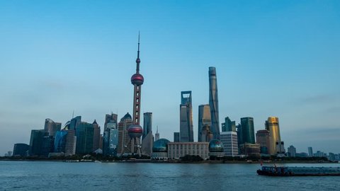 Shanghai, China - November, 2017 :Shanghai skyscrapers at Magic hour time lapse video. Shanghai is the largest city in china.