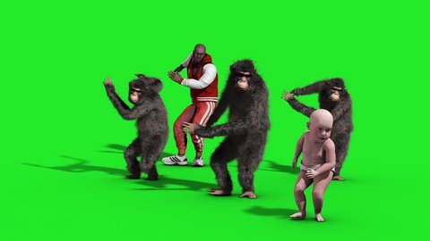 Group Chimpanzee Man Baby House Dance Dancer Green Screen 3D Rendering Animation Animals