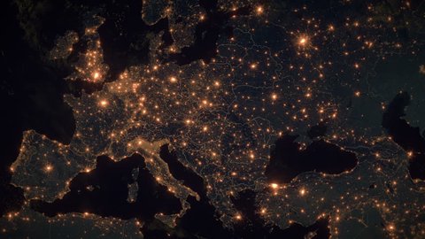 World Zoom Into Central and Eastern Europe - Planet Earth. The Night View of City Lights. Political Borders of Central and East European Countries. Poland, Hungary, Czech Republic, Romania, Ukraine.