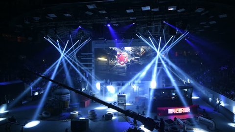 SAINT PETERSBURG, RUSSIA - OCTOBER 28 2017: EPICENTER Counter Strike: Global Offensive cyber sport event. Presenting teams on a big main screen. Amazing light effects on a stage.