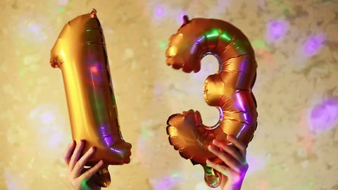 Happy 13 birthday, golden balloons with number thirteen