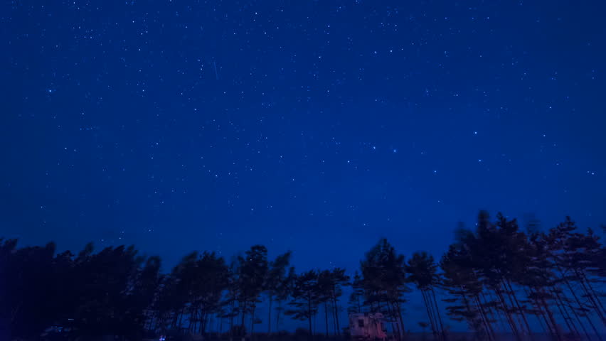 Night camping time-lapse, clear blue sky, moving stars and Ursa Minor, meteor shower