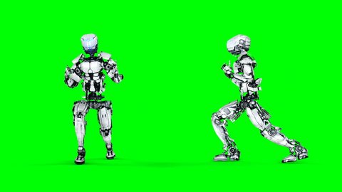 Funny robot is dancing . Realistic motion and reflections. 4K green screen footage.