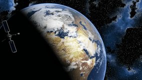 Global 0802: Satellites in orbit around a rotating planet Earth in space (Loop).