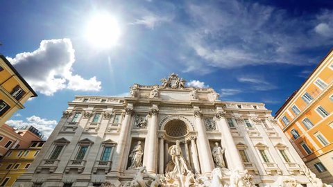 Clouds passing over world famous Fontana di Trevi in Rome, Italy. Time lapse effect