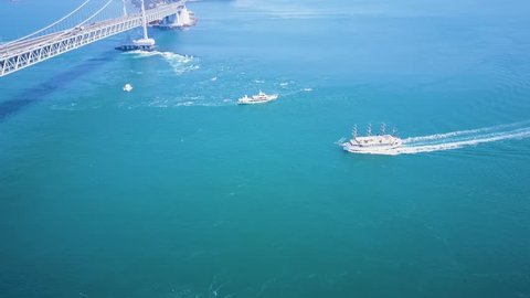 Boats Viewing Swirling Naruto Strait Currents Aerial, Japan
