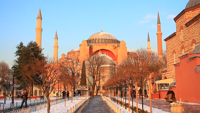 Hagia Sophia at winter sunset. Hagia Sophia, famous historical building of the