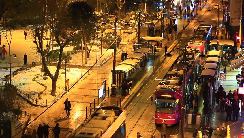 A busy winter night at Divanyolu in Istanbul, Turkey. Sultanahmet light rail