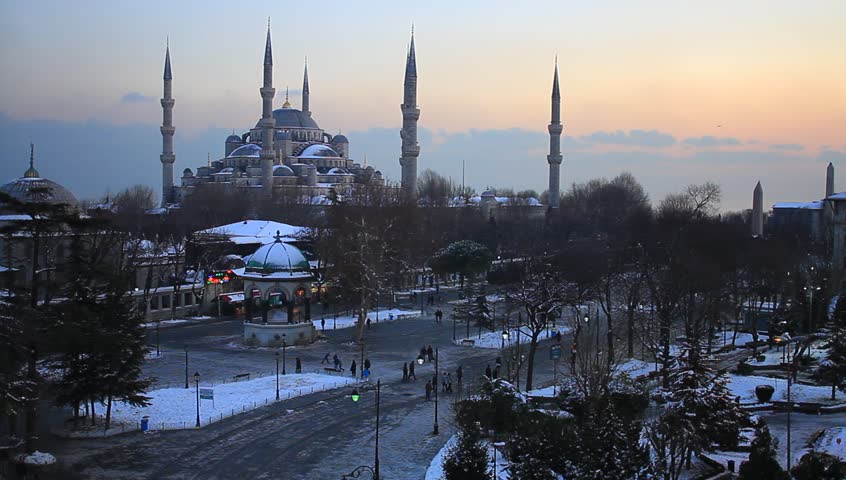  Sultanahmet Square at eventide. Sultanahmet Camii most famous as Blue Mosque.