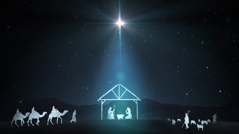 Christmas Scene with twinkling stars and brighter star of bethlehem with sparkling nativity characters.