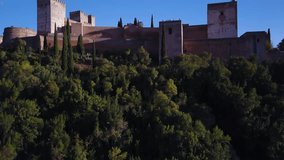 4k aerial drone footage - Ancient medieval castle, The Alhambra, of Granada Spain.  This mighty fortress was built by the Moorish Caliphate when they controlled much of Spain.  