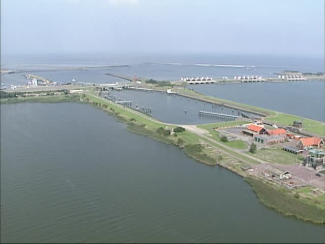 Stevin lock at west side of Afsluitdijk (enclosure dam) in The Netherlands, Den Oever. Wadden Sea in background.